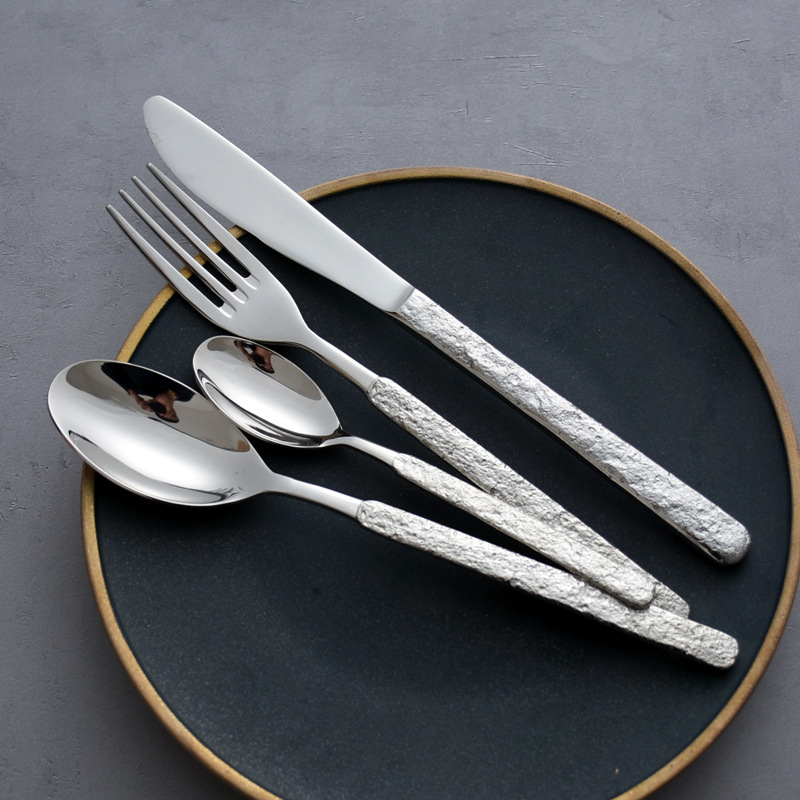 Cuchillo, tenedor, cuchara de acero inoxidable 304 elegante y atmosférico, mango con textura de roca para el hogar, cuchillo para carne, tenedor, vajilla occidental_voghion.com