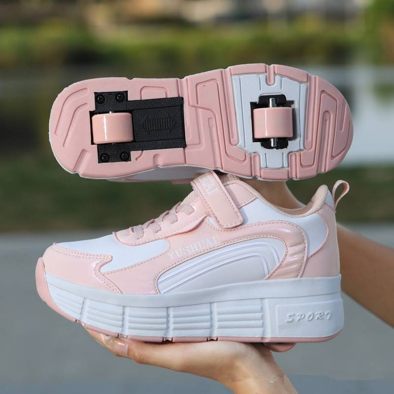 Children's runaway shoes Girls' automatic pulley sneakers Boys' children's mother and child with wheels sneakers Adult double-wheel deformation skates_voghion.com