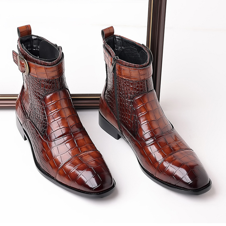 Botas altas de trabajo con cremallera y puntera puntiaguda con estampado de cocodrilo para hombre_voghion.com