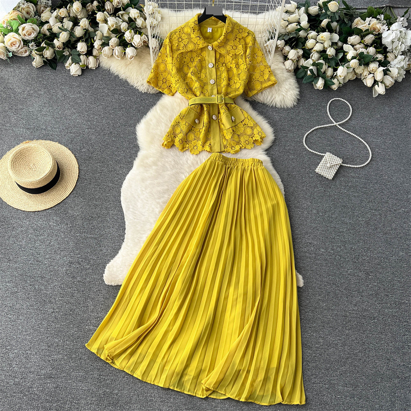 Kadın Giyim Moda Yaka Kısa Kollu Bel Üstü Yüksek Bel Pileli Etek İki Parça Set_voghion.com