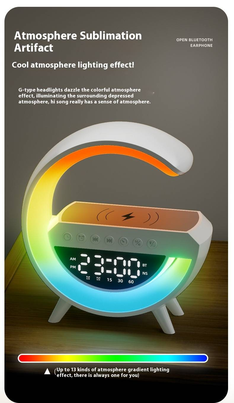 Enceinte Bluetooth série G - Lumière d'ambiance RVB, chargeur sans fil et réveil avec veilleuse_voghion.com