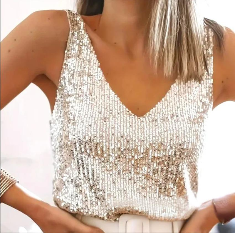 Women's Clothing Sparkling V-Neck Vest Top - Elegant Sequin Summer Casual Blouse With Stretchy Comfort In Multiple Colors & Sizes (Black, Champagne )_voghion.com
