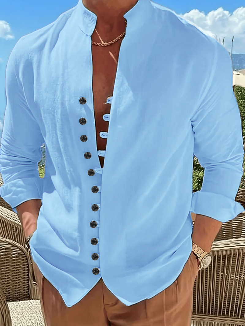 Camicia da uomo in lino di alta qualità - Collo alla coreana dalla vestibilità comoda, camicia traspirante con bottoni per primavera ed estate_voghion.com