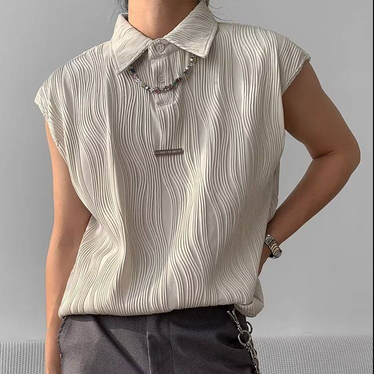 Underwear & Sleepwears Lapel Button Metal Vest Men's Ruffled Wave Texture Sleeveless T-Shirt Unique Waistcoat Jacket - White, Black, Green (M-3XL)_voghion.com
