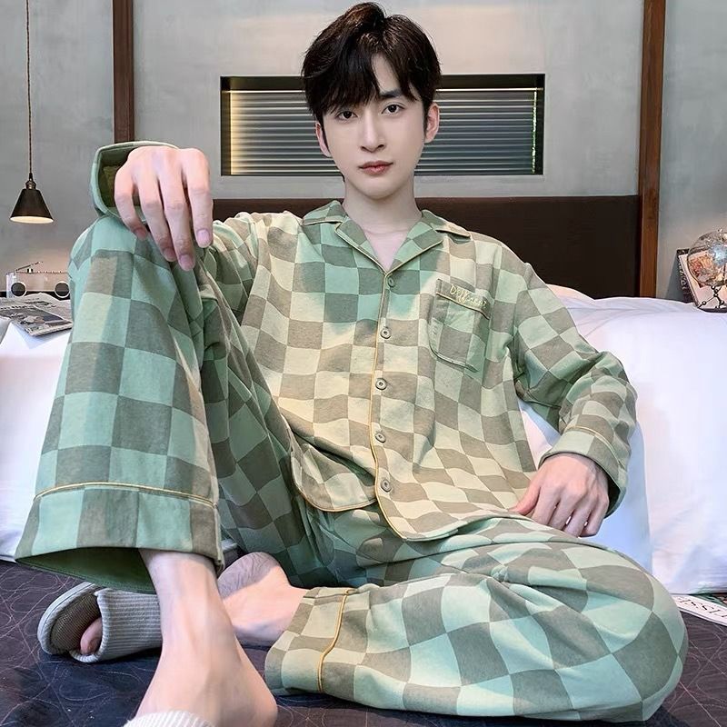 Pigiama da uomo in cotone di alta qualità, di alta qualità, primavera e autunno, con maniche lunghe e pantaloni lunghi, ampio set casual autunnale e invernale_voghion.com