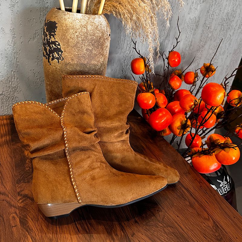 Autumn And Winter New Camel Colored Pile Up Boots For Women, Suede Short Boots, Niche Square Head Weaving Design, French Retro High-end_voghion.com