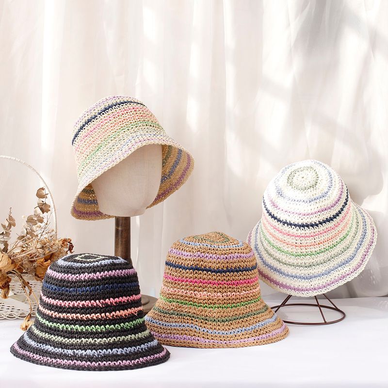 Újdonságok 2024 Női szalmakalap horgolt csíkos szivárványos UV védelemmel ellátott napellenző strandsapkák női nyári kalap sapka_voghion.com