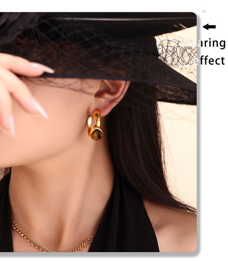 Vintage natural tiger's eye stone C-shaped earrings open ring women's set_voghion.com