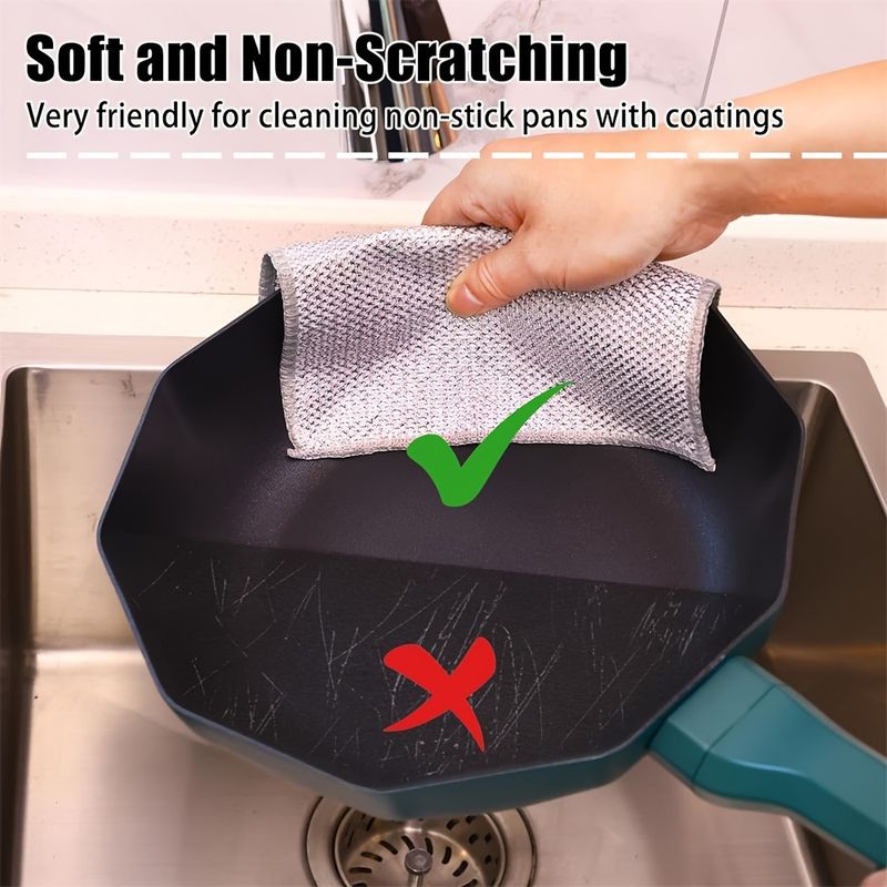 20-5pcs Thickened Steel Wire Cleaning Cloth Non-Scratch Double-layer Iron Microfiber Mesh Dishrag Washing Pot Rags Kitchen Towel_voghion.com