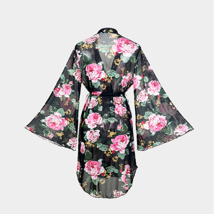 Feiyun cross border new mesh pajamas women's printed light luxury long sleeved cool nightgown bathrobe home clothes women 597_voghion.com