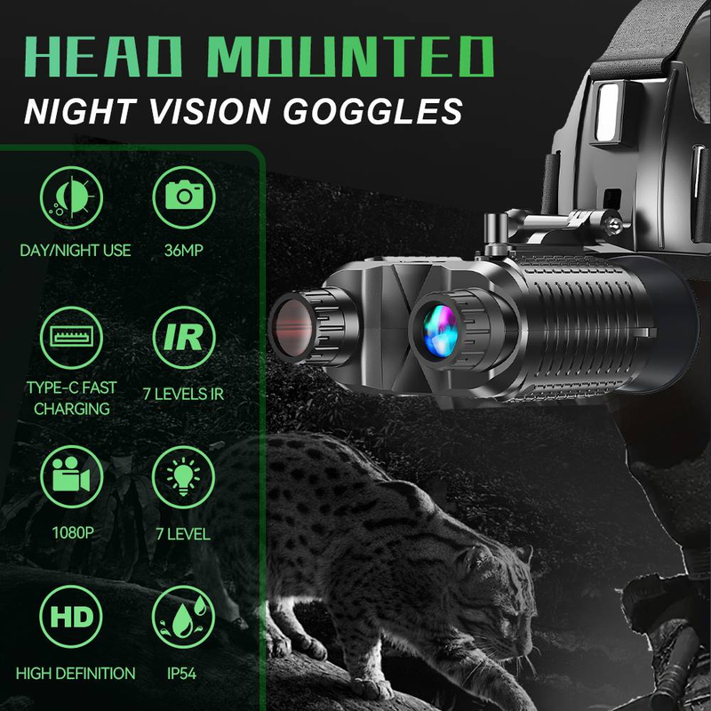 Visore notturno binoculare 4K da testa, IP54, resistente all'acqua e alla polvere, per caccia, campeggio e sorveglianza all'aperto (in condizioni di scarsa illuminazione)._voghion.com