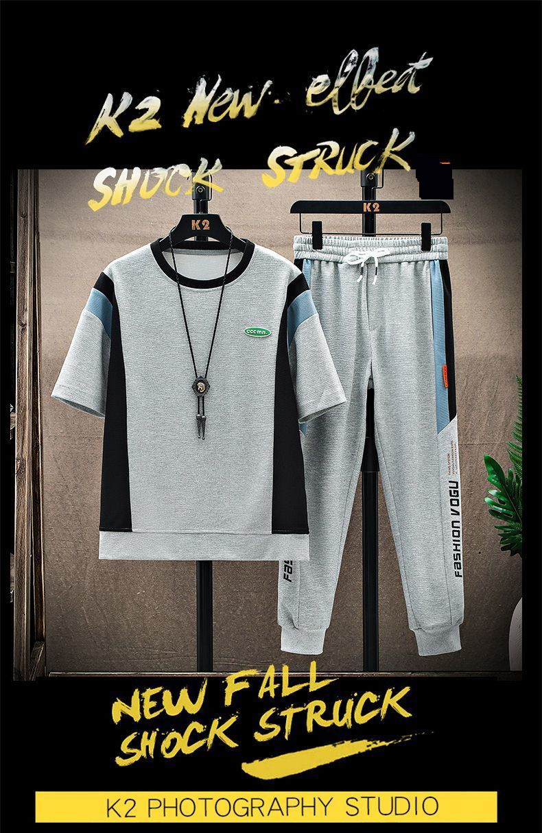 Herrenbekleidung Casual Sportanzug Set Waffel Kurzarm Trend T-Shirt Sets_voghion.com