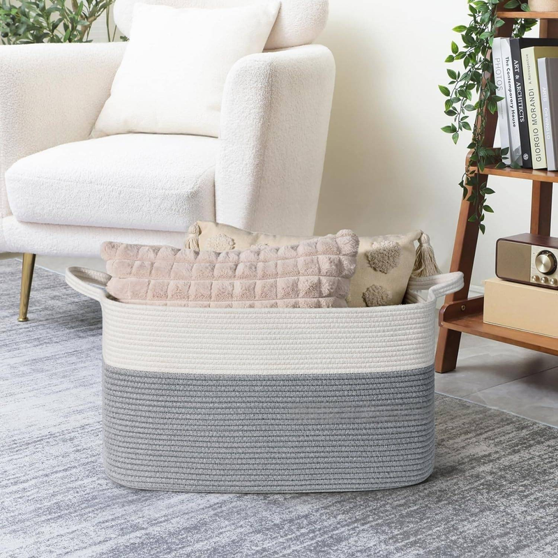 Cesta de almacenamiento de cuerda de algodón tejida a mano: organizador multiusos para ropa, juguetes y artículos del hogar._voghion.com
