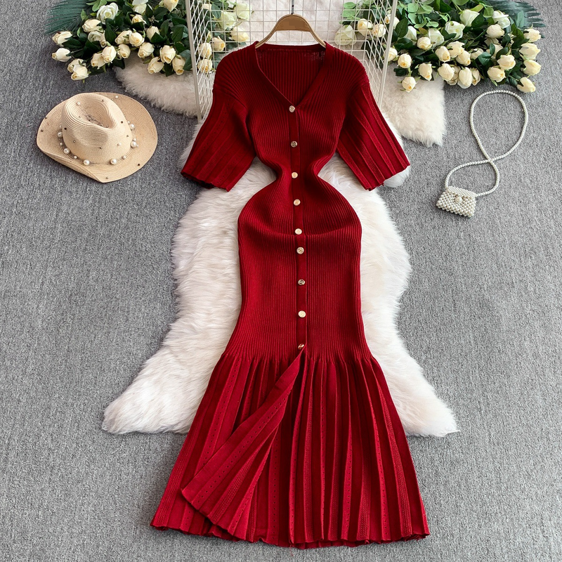 Women's Clothing Elegant V Neck Single Breasted Short Sleeved Dress Knitted Elastic Waist Hollow Fishtail Long Skirt_voghion.com