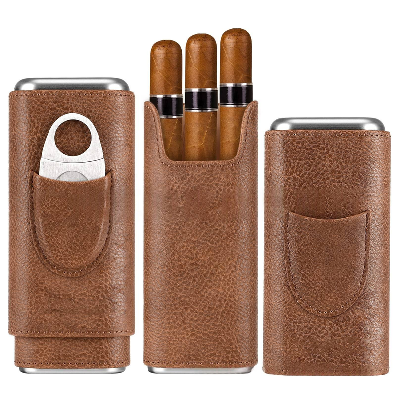 Handcrafted Full-Grain Leather Cigar Case - 3-Cigar Travel Humidor With Spanish Cedar Lining_voghion.com