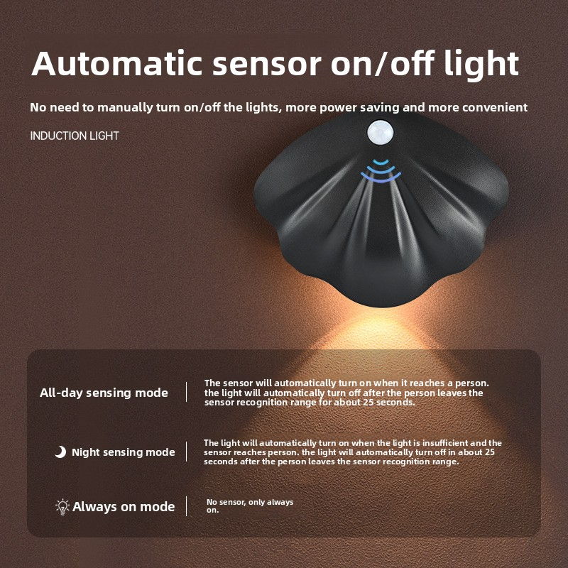 Intelligentes LED-Nachtlicht mit Bewegungssensor und magnetischer Halterung – wiederaufladbar, CE-zertifiziert, ABS-Gehäuse, 3-farbig einstellbar, patentiertes Design: Muschelform_voghion.com