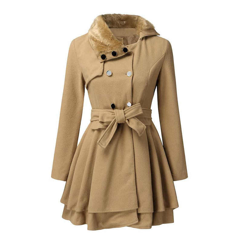 Eleganter Damen Wollmantel mit Kunstpelzkragen, Zweireihiger A-Linien Trenchcoat für Herbst Winter_voghion.com