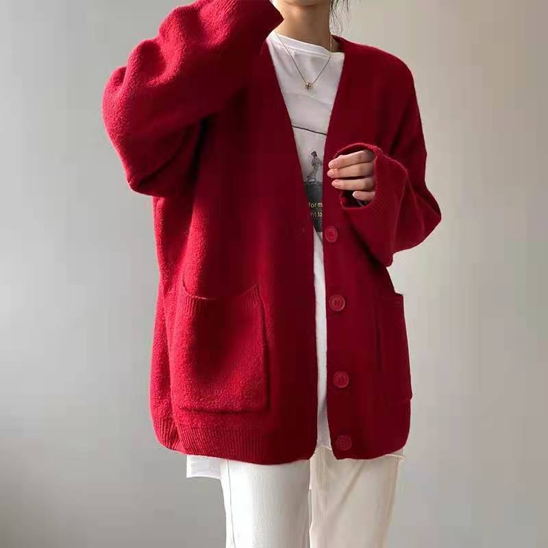 Cardigan en tricot surdimensionné à col en V pour femme, coupe ample, couleur unie, boutonné, décontracté_voghion.com
