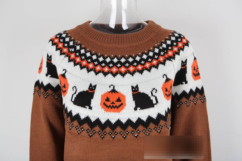 Abbigliamento da donna Taglie forti Maglione lavorato a maglia per Natale e Halloween Maglione girocollo casual da donna a maniche lunghe con stampa sorridente_voghion.com