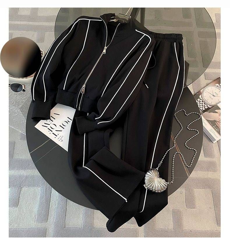 Dames sportpak mode casual leeftijdsverminderende stijlvolle rits sweatshirt wijde pijpen broek tweedelig set_voghion.com