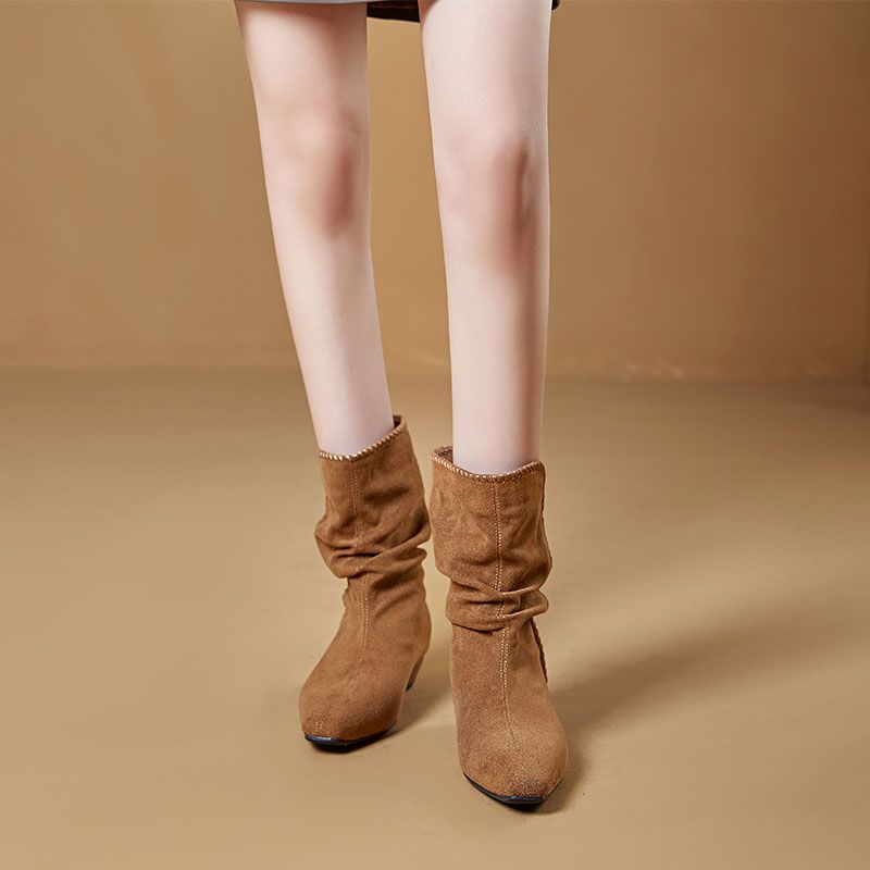 Autumn And Winter New Camel Colored Pile Up Boots For Women, Suede Short Boots, Niche Square Head Weaving Design, French Retro High-end_voghion.com
