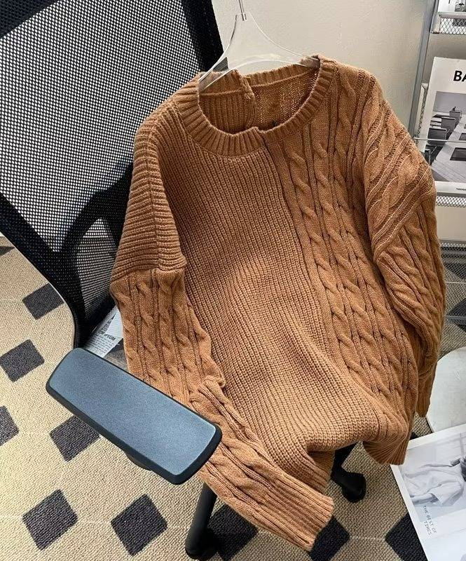 Men’s Japanese Retro Cable Knit Sweater – Chunky Oversized Pullover, Lazy Style Winter Warm Wool-Like Design (Brown, M-3XL)_voghion.com