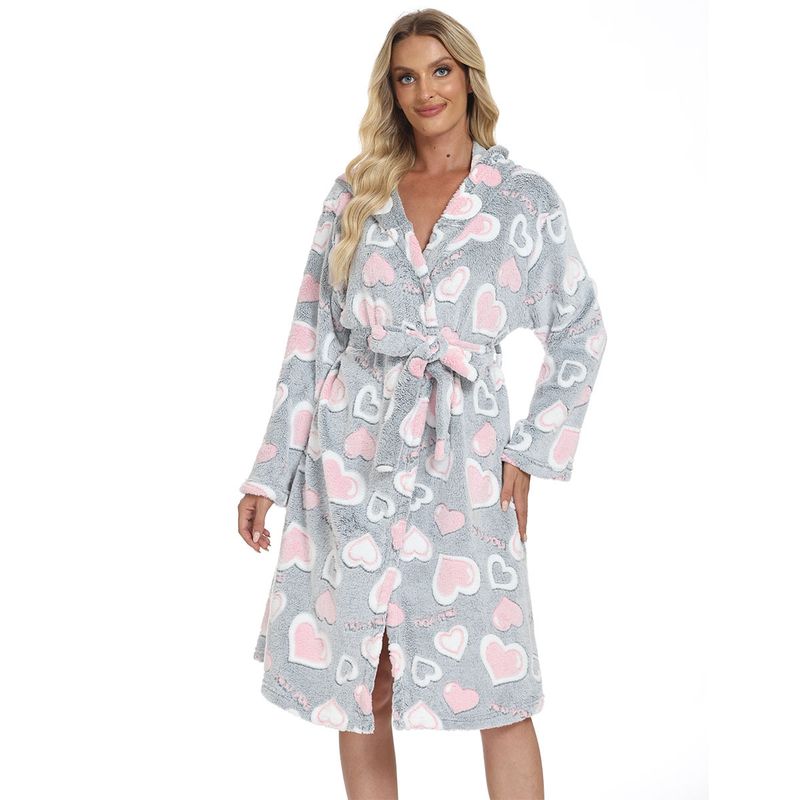 Autumn And Winter New Women's Bathrobes Love-printed Lace-up Warm And Comfortable Nightgowns_voghion.com