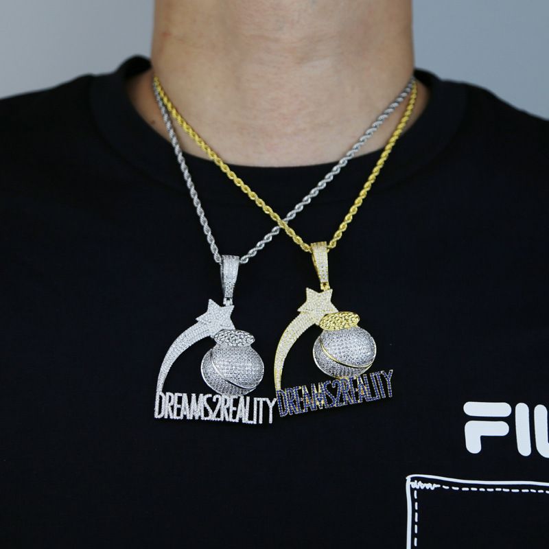 Gioielli da uomo - Collana con ciondolo Hip Hop DREAMS 2REALITY con pietre di zircone, catena cubana placcata in argento e oro, collana con zircone intarsiato da 24 pollici_voghion.com