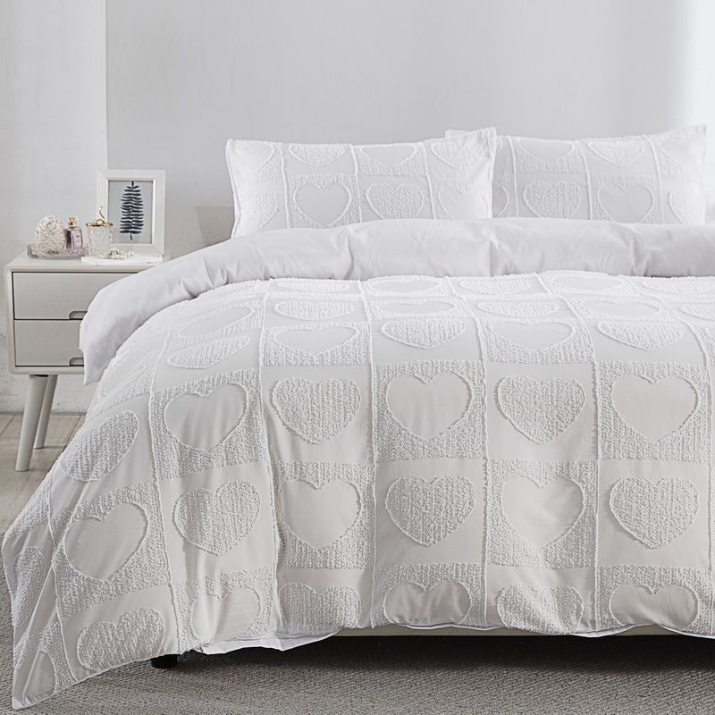 Parure de lit blanche moelleuse à motif cœur découpé – Drap-housse, housse de couette et taie d'oreiller – Plusieurs tailles_voghion.com