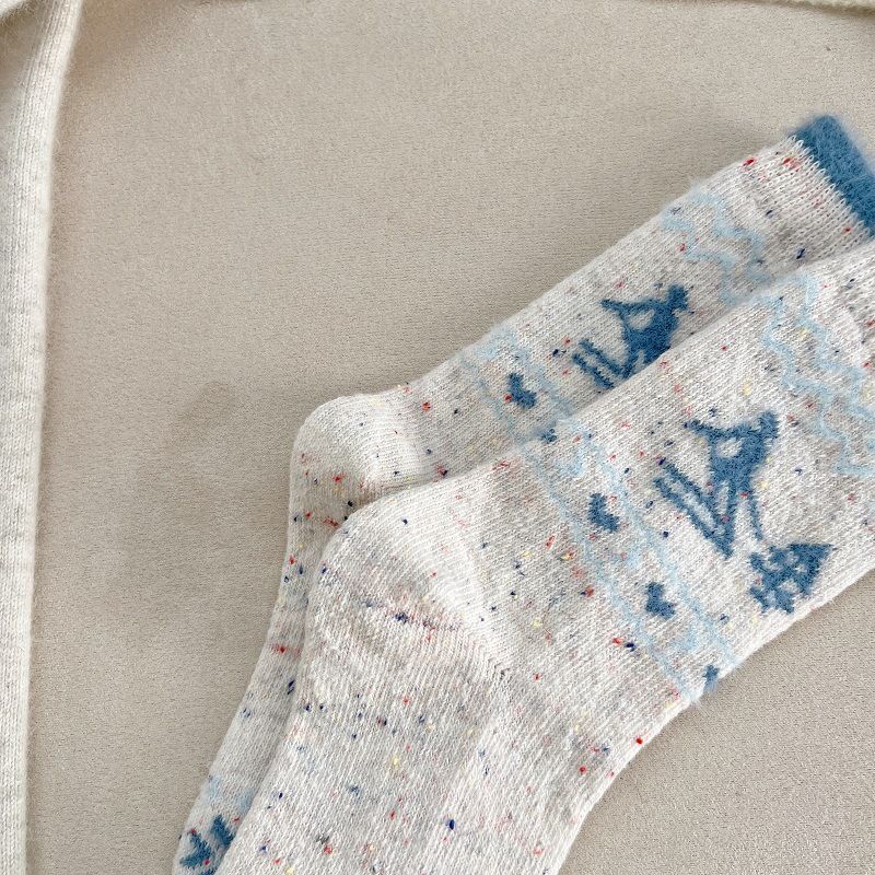 001 001 Vintage Fair Isle Puppy Wool For Women, Autumn And Winter Thickened Warm Gray Mid-Calf Socks, Cute Fuzzy Slouch Socks_voghion.com