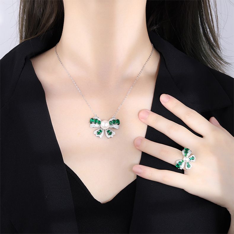 Jewelry Two-piece Fritillary Pearl Gemstone Bow Necklace Ring Emerald Gemstone Pendant_voghion.com