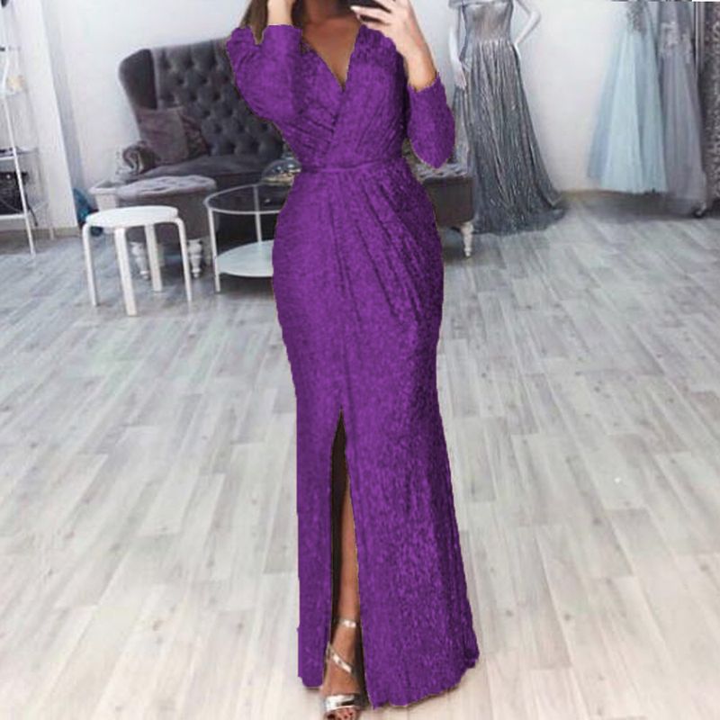 Saia longa feminina vestido de noite profundo decote em v vestido brilhante vestido sexy para jantar_voghion.com