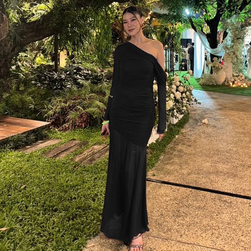 Abito lungo con volant in rete e spalle scoperte – Elegante abito aderente a maniche lunghe con pannelli trasparenti (S/M/L) – Trendy e femminile_voghion.com