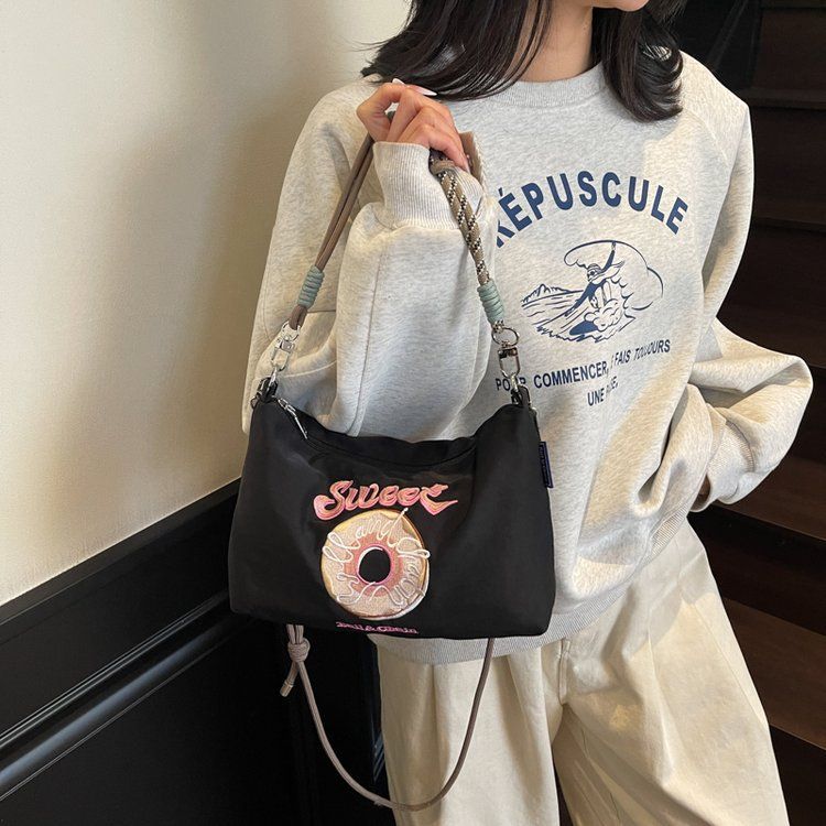 Embroidered Donut Handbag Nylon Fabric Trendy Women Japanese And Korean Style Casual Outing Commuting Crossbody_voghion.com