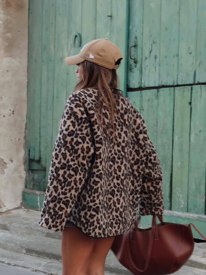 Damenbekleidung Damen Herbst und Winter lockerer Rundhalsausschnitt Leopardenmuster Lammwolle warme langärmelige Jacke weiblich_voghion.com