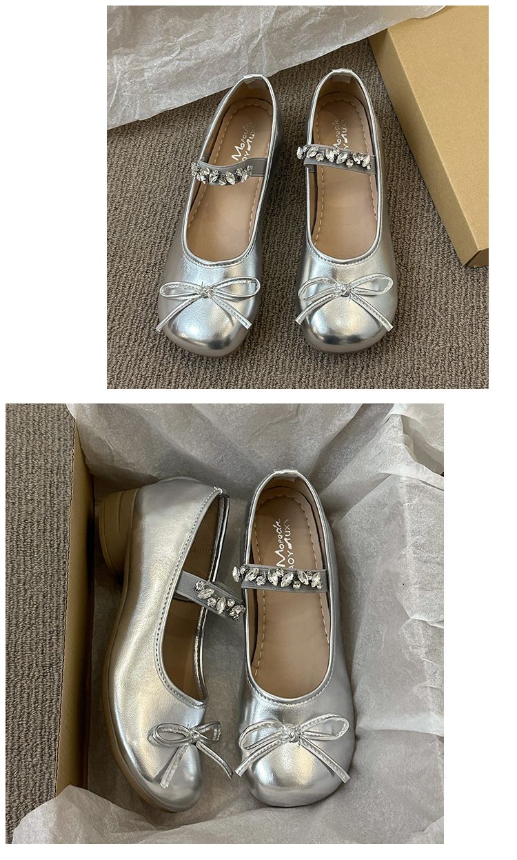 Women's Round Head Cowhide Women's Casual Single Shoes Flat Shoes Low Heel Single Shoes Rhinestone Princess Shoes Evening Shoes_voghion.com
