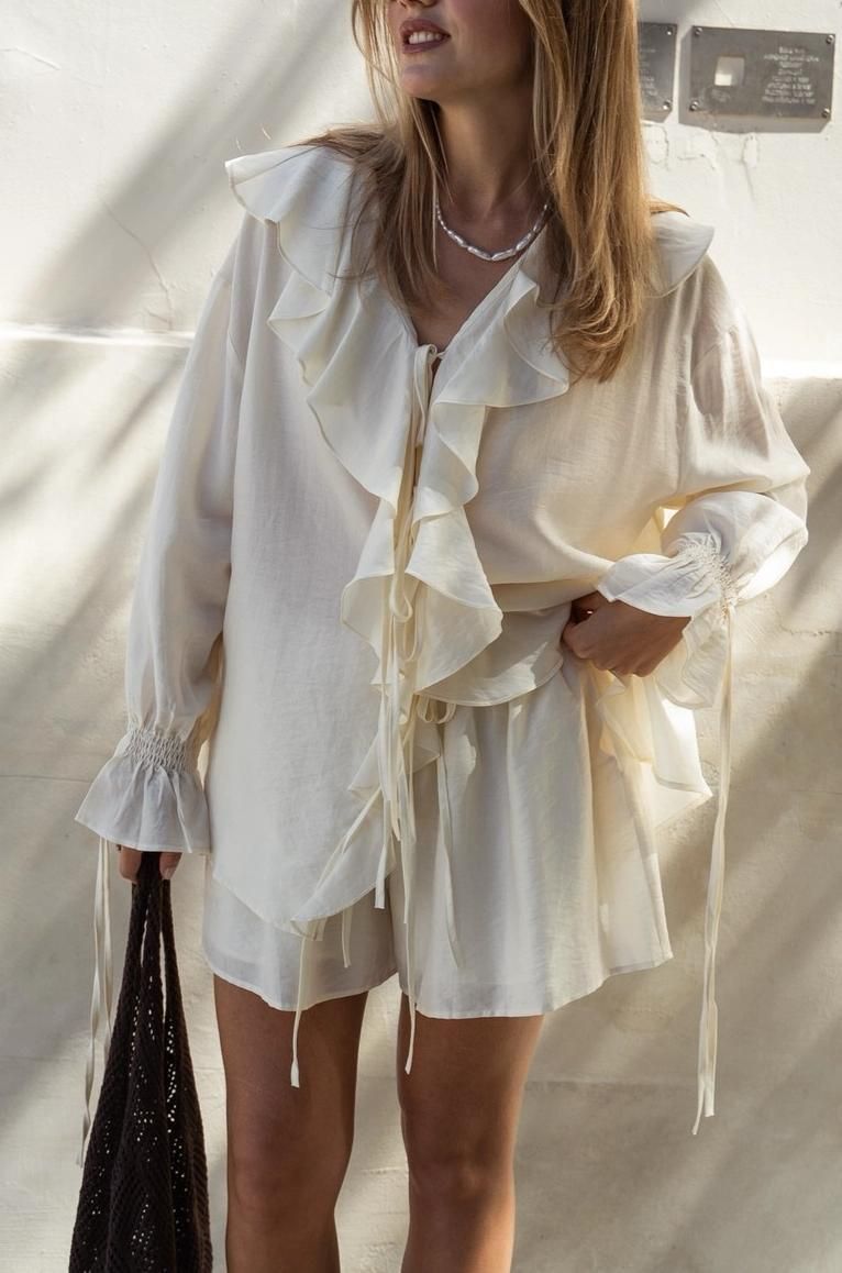 Damenbekleidung Lose Rüschen Top Shorts Anzug_voghion.com