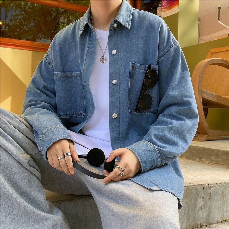 Giacca da lavoro vintage in denim da uomo - Cappotto oversize casual a maniche lunghe in stile giapponese per uomo (blu/carbone)_voghion.com