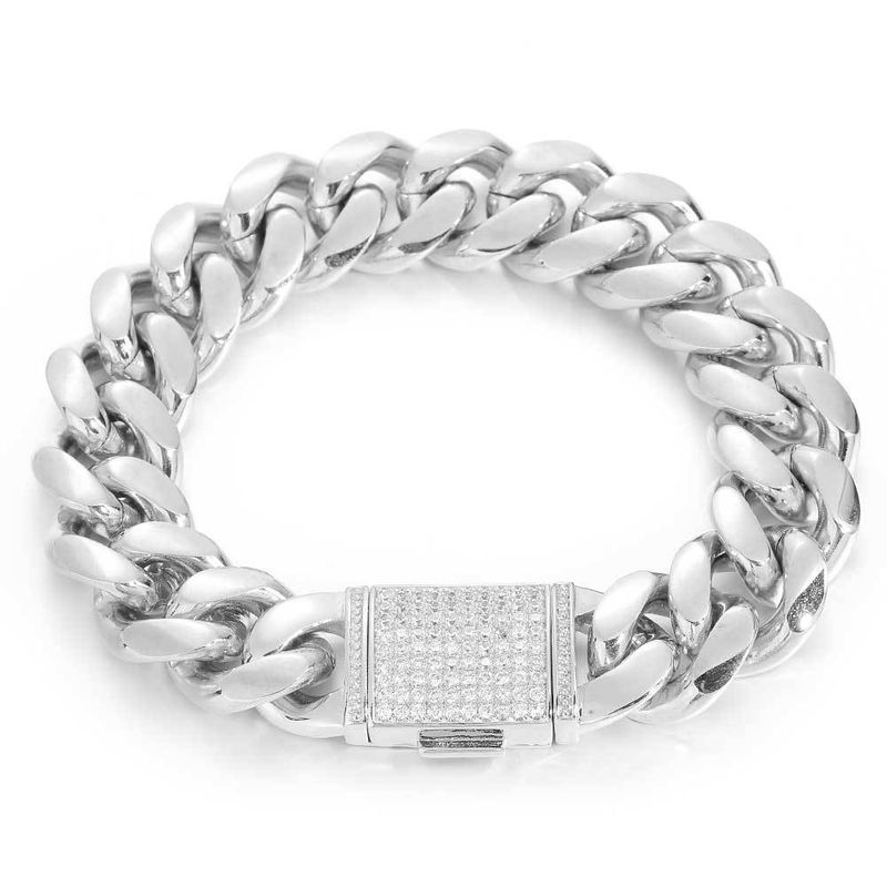 Set di collana e bracciale con catena a maglie cubane in acciaio inossidabile, stile Hip Hop Miami, con zirconi, regalo unisex di lusso e leggero._voghion.com