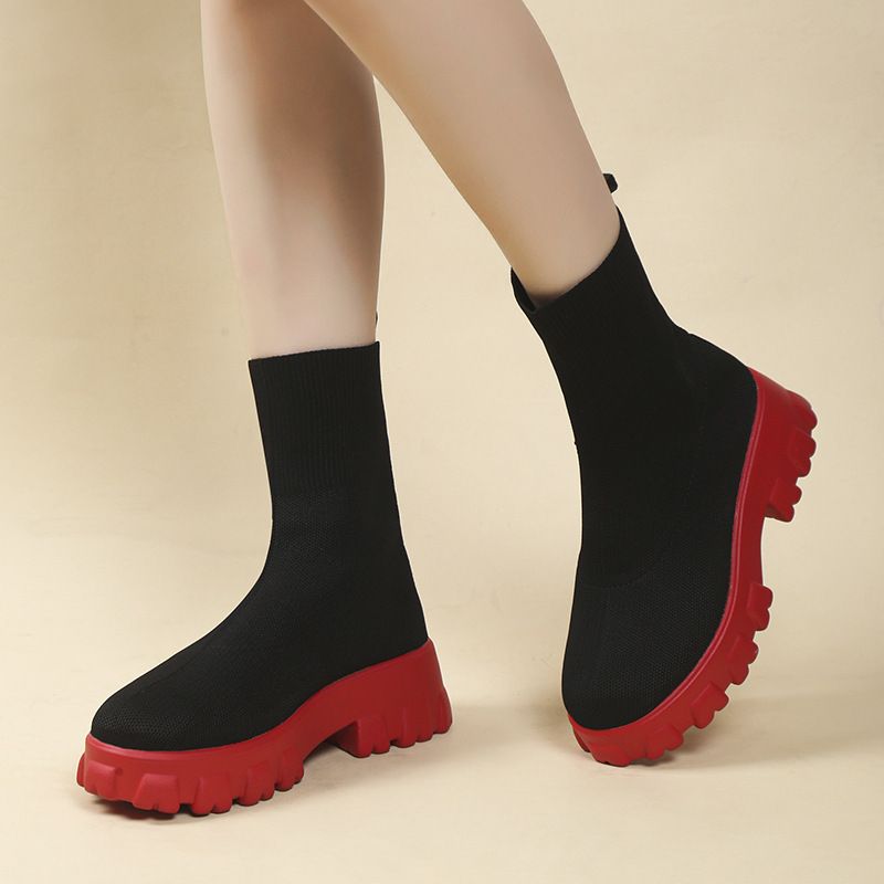 Zīmola SHLIANG Sieviešu puszābaki Viegli ikdienas apavi sievietēm Wedge Fashion Zeķu zābaki Adīšana Ziemas Vidēja Tube Platform Boot SB159_voghion.com