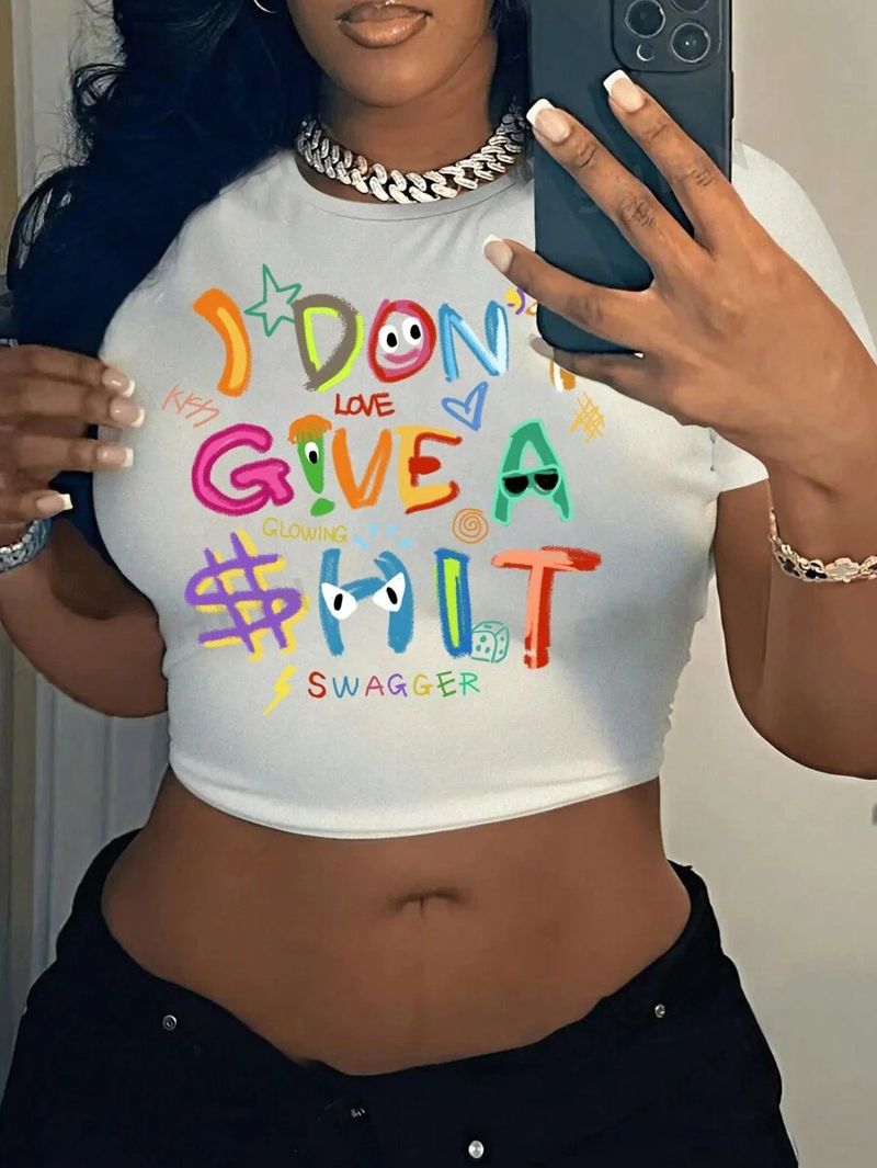 Zomer 2024 Nieuw product Eenvoudige mode bedrukte open navelstreng afslankende onderkant dames top T-shirt_voghion.com