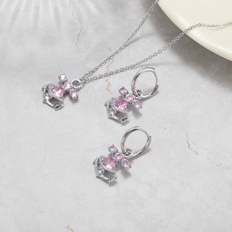 New Western Empress Dowager Anchor Necklace Earrings, Pink Zircon Stone, Fashionable and Minimalist Grade Ear Buckles,_voghion.com