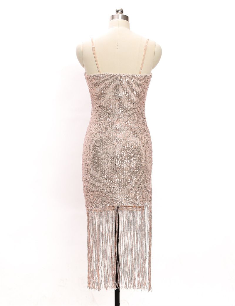 2022 Sommer Neues Sexy V-Ausschnitt Quaste Slip Kleid High-End Slim Midi Rock für Frauen_voghion.com