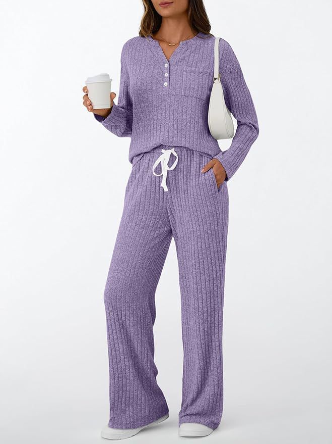 Ribbed Fleece Lounge Set – Cozy Long Sleeve Pajama Set (V-Neck & Pants) | Soft & Breathable (Multiple Colors)_voghion.com