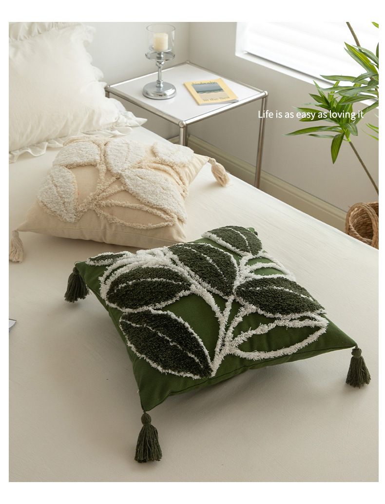 Federa per cuscino con motivo a foglie nordiche - Federa per cuscino in misto lino 45x45 cm per divano/letto (verde/beige) - Opzioni ricamo e pois trapuntati_voghion.com