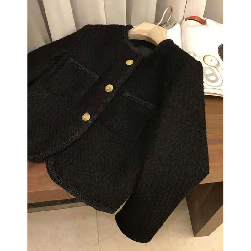 Giacca nera classica in stile 2025, nuovo top corto in tweed da donna, inizio primavera_voghion.com