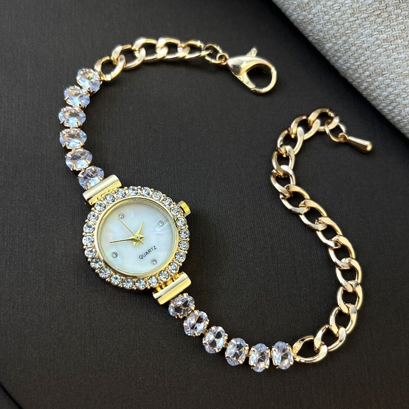 Orologio da donna elegante, al quarzo, con bracciale rotondo regolabile, con catena tempestata di diamanti, chiusura a moschettone e diamanti di alta qualità_voghion.com