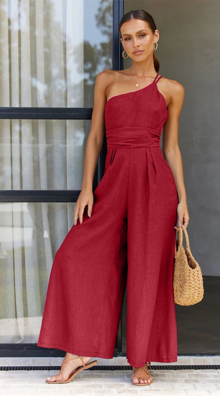 Women's fashion solid color loose wide leg cotton hemp jumpsuit_voghion.com