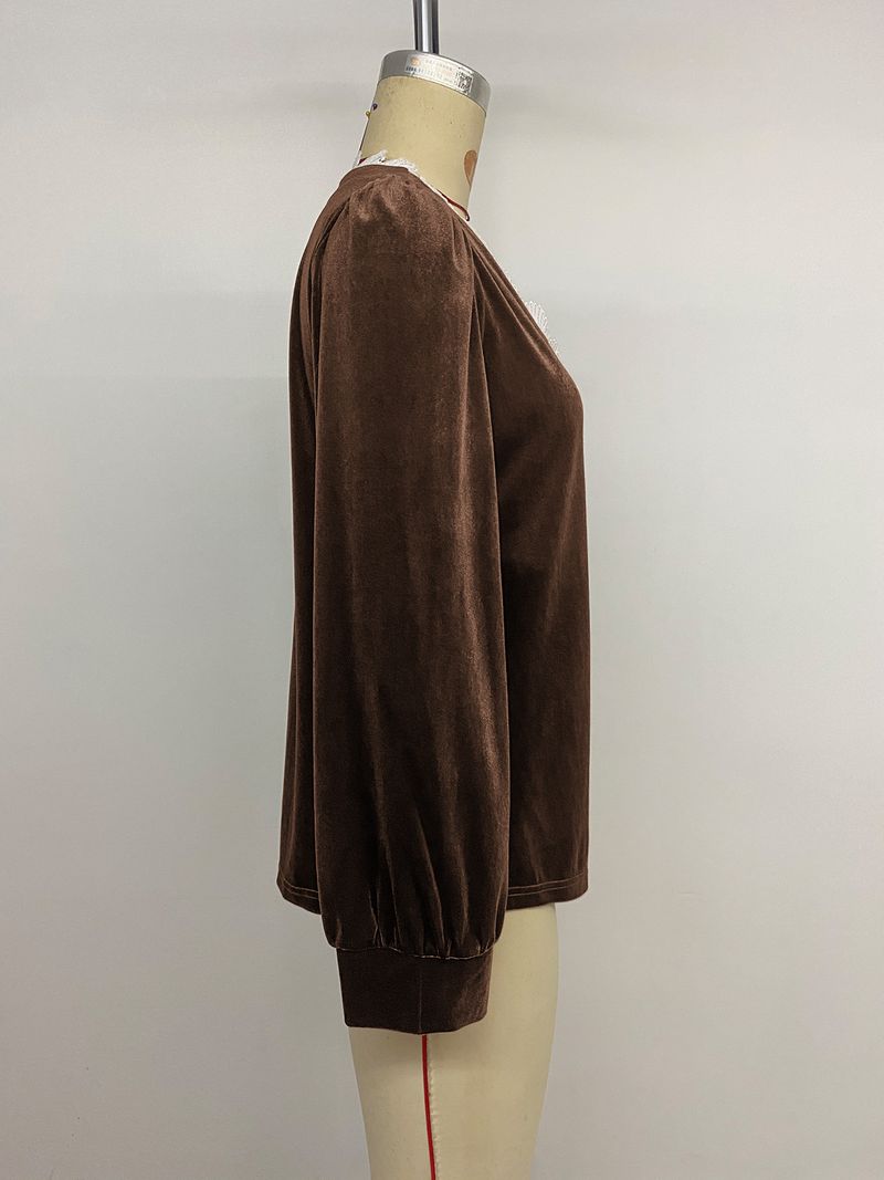 Elegant Vintage Velvet Blouse With V-Neck & Lace Trim - Fall/Winter Boho Chic Shirt For Women, Loose Fit With Puff Sleeves (Brown, S/M/L/Xl)_voghion.com