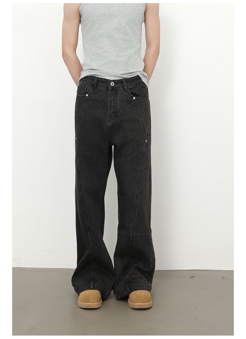 Men's Clothing Trendy Retro Stitching Beaded Jeans Designed Loose Flared Straight Pants_voghion.com